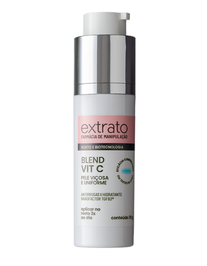 Frasco de vidro sofisticado do Blend Vitamina C da Extrato em um cenário minimalista e iluminado, destacando sua textura fluida e cor vibrante.