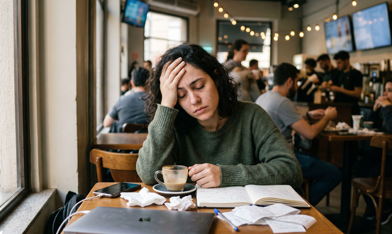 Mulher sobrecarregada sentada à mesa de um café, apoiando a mão na testa com expressão cansada e cercada por papéis e notas fiscais.